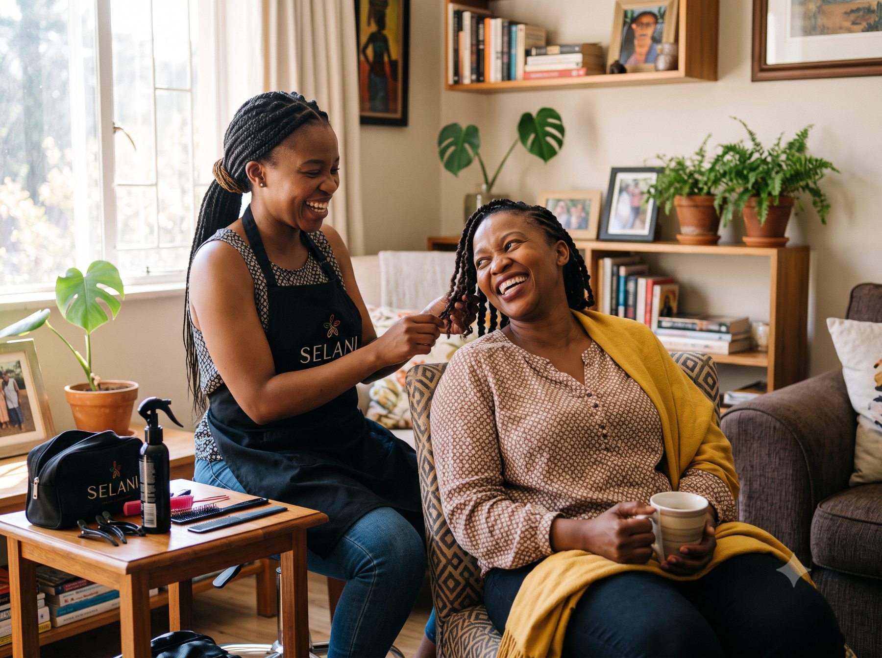 A Selani stylist and client during a home hair appointment