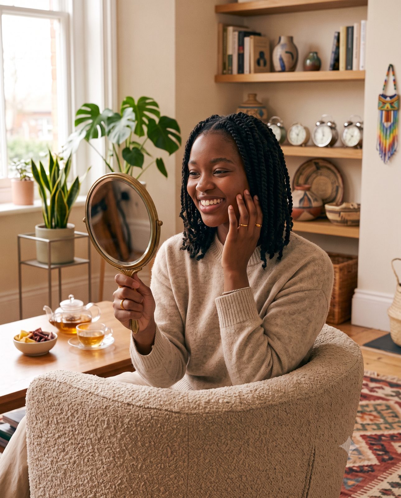 A client relaxing while her hair is styled at home