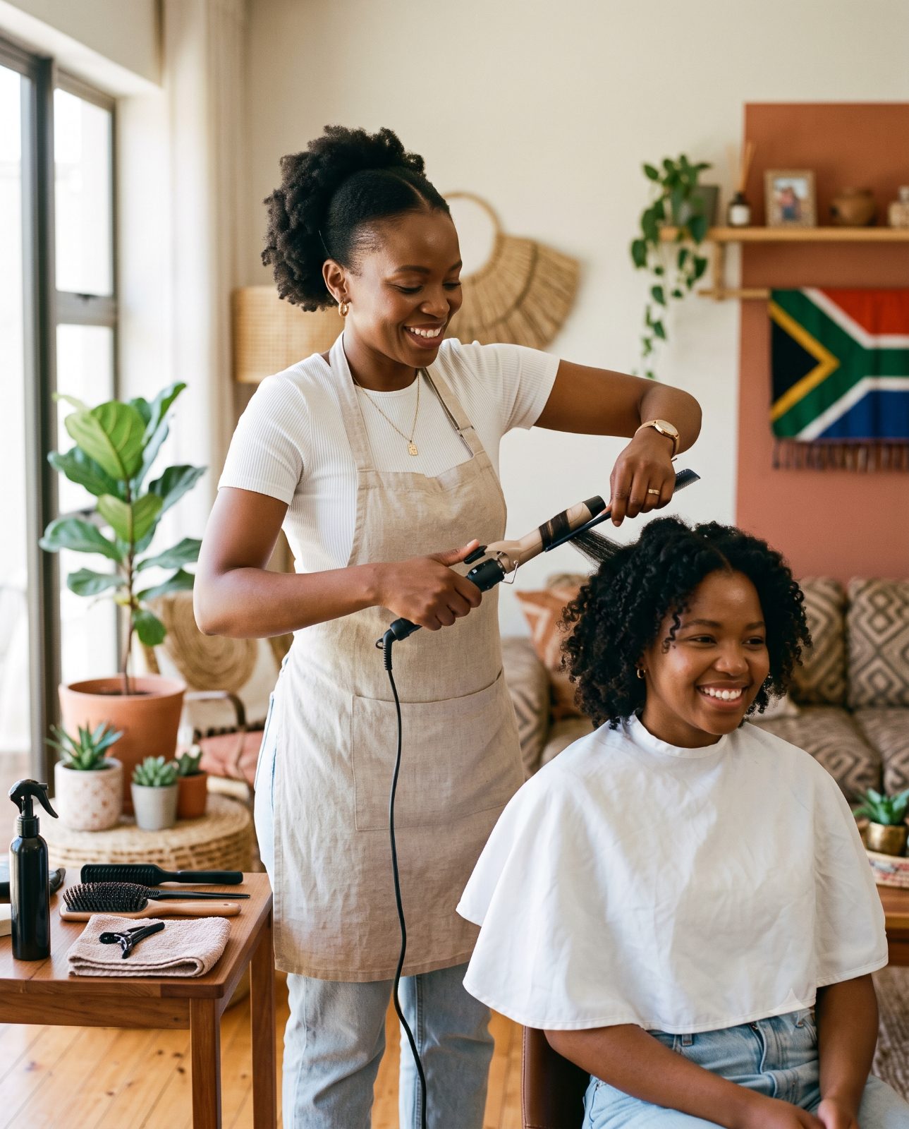 A confident professional hair stylist at work